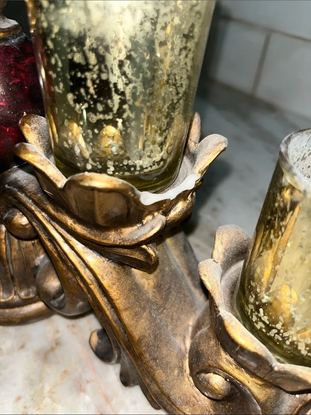 Ornate Gold and Burgundy Decorative Candle Holder Centerpiece
